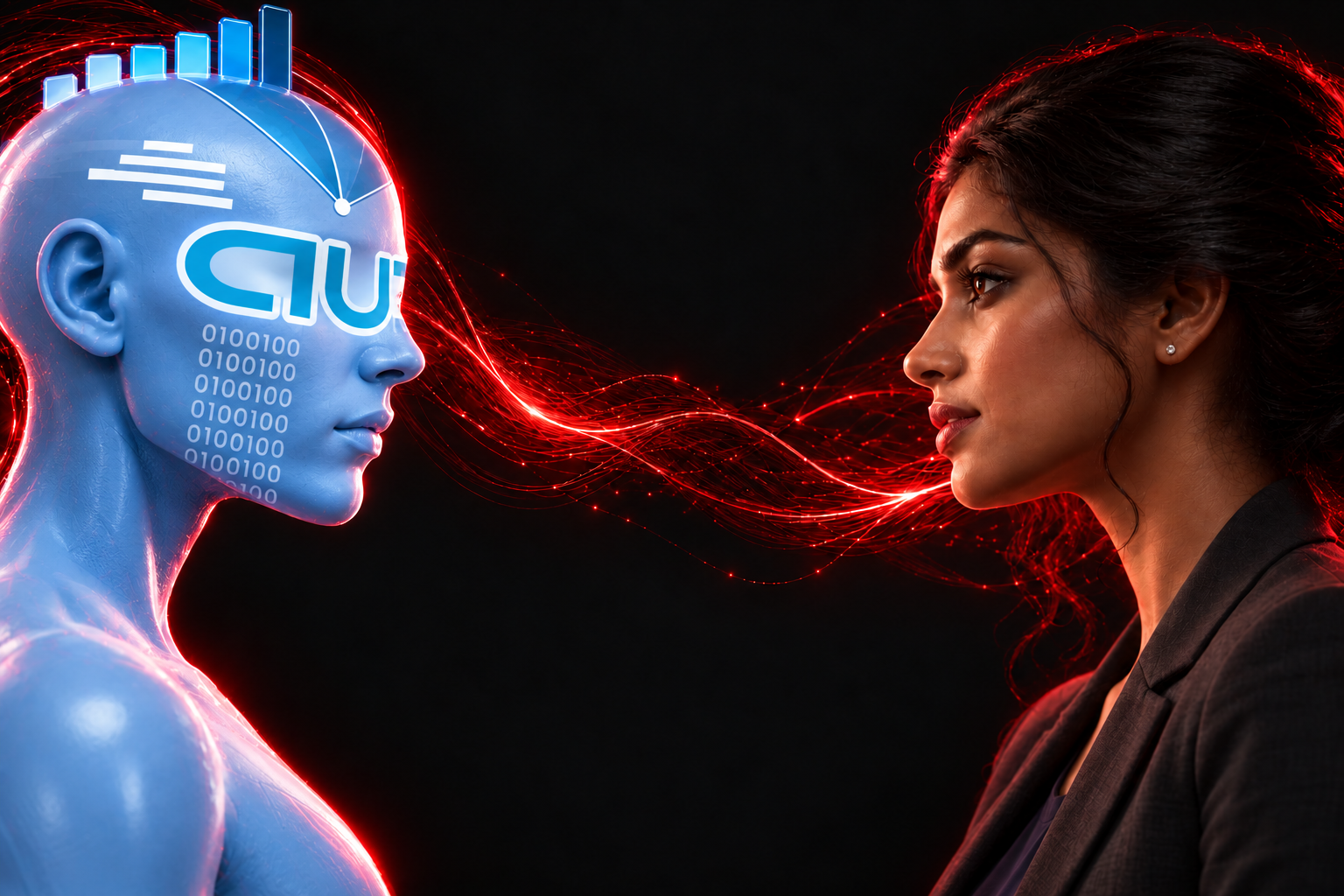 A human and an AI face connected by flowing red light
